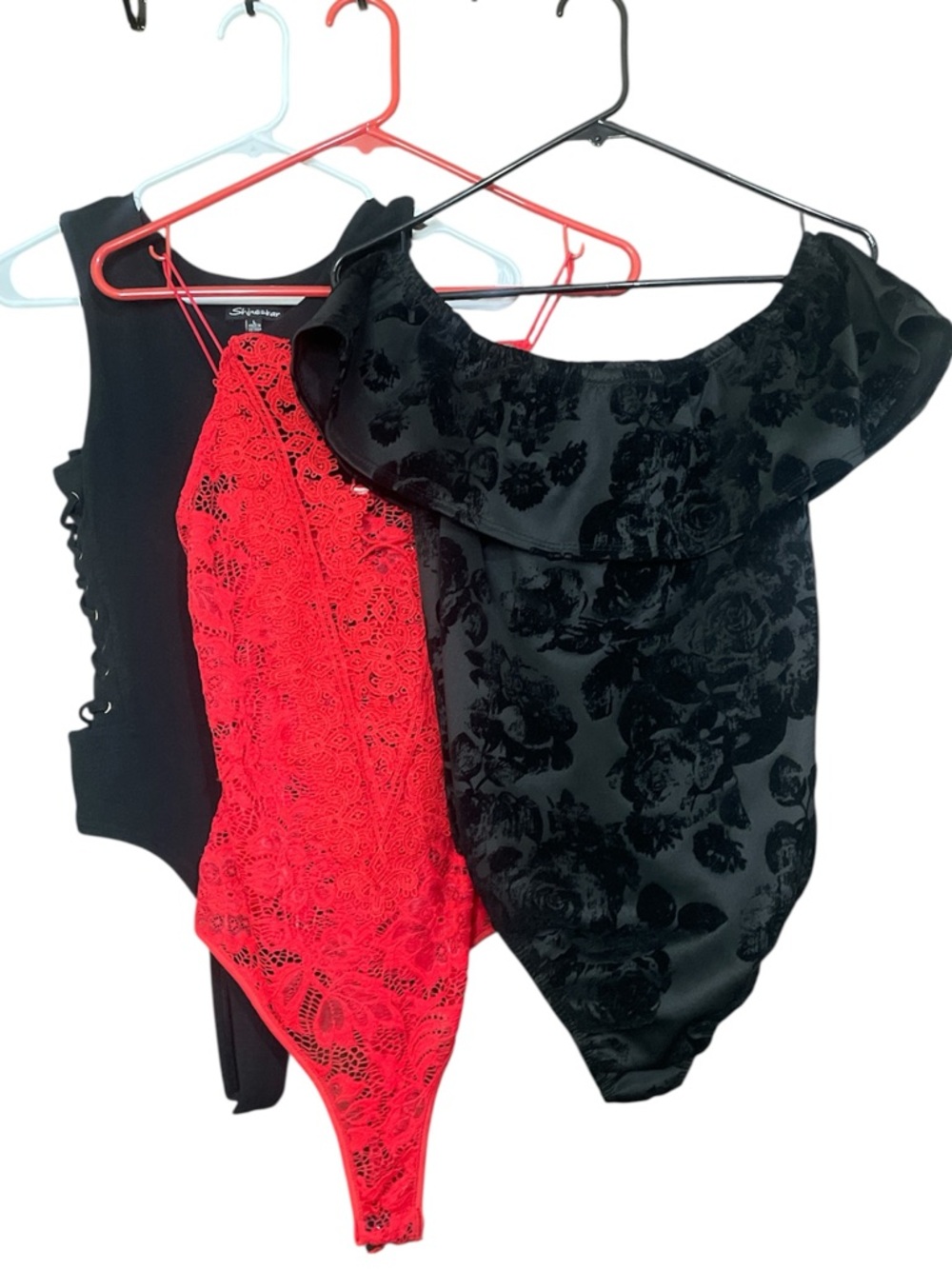 3 Pack Women's Bodysuits - Black & Red Lace